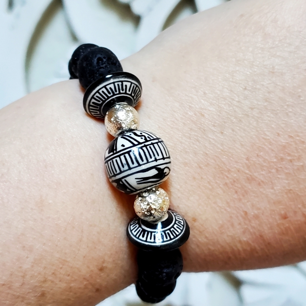 Reclaimed Vintage Bead Beaded Bracelet Ceramic Birds Greek Key Lavastone
